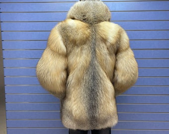 Mens Fox Fur Jacket Luxury Full Skin Golden Island Fox Fur Mens