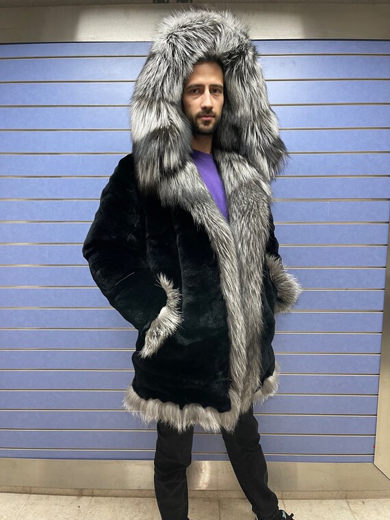 Luxury Full Skin Silver Fox Fur Mens Coat Real DOUBLE Side Rex Fur