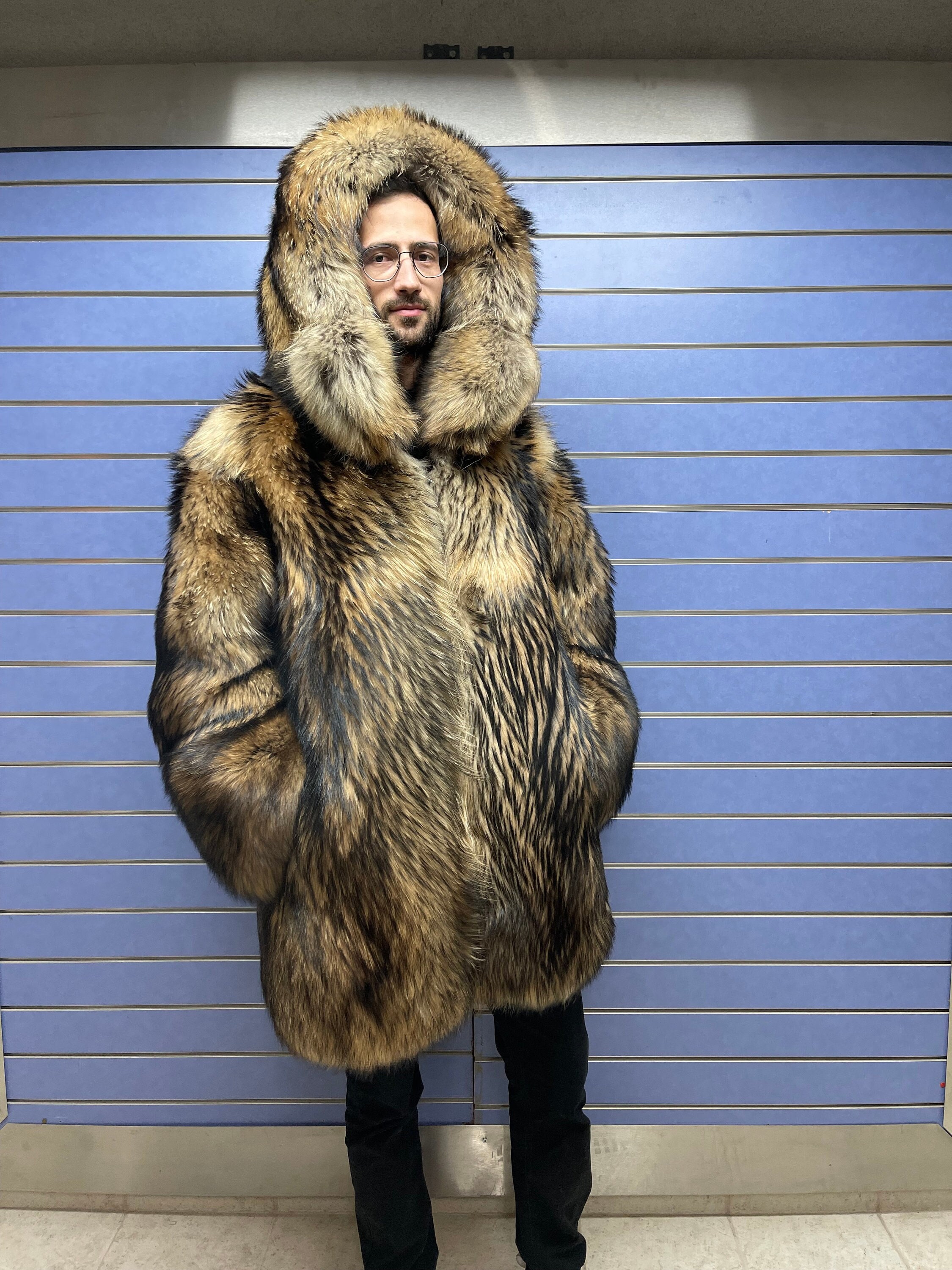 Luxury Full Skin Finn Raccoon Fur Mens Coat Real Fur Jacket Skin