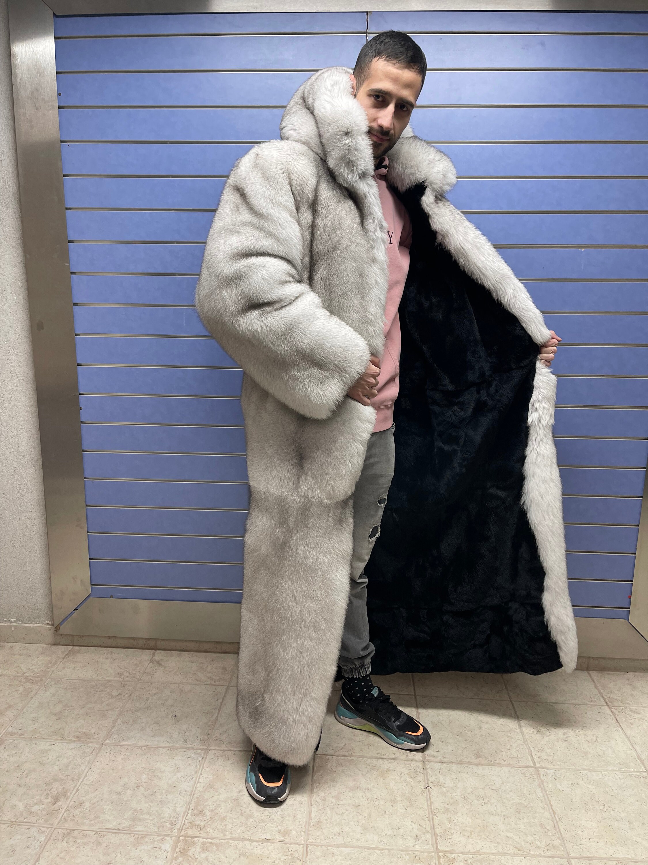 Luxury Full Skin Double Sided Blue Fox Fur Mens Coat Real Fur