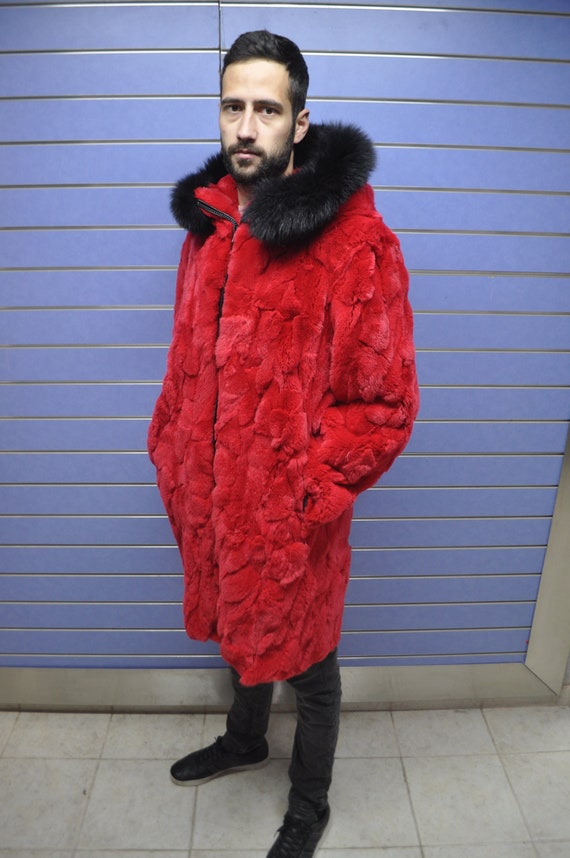 Luxury Rex Rabbit Fur Mens Coat Real Fur Red Coat With Hood and