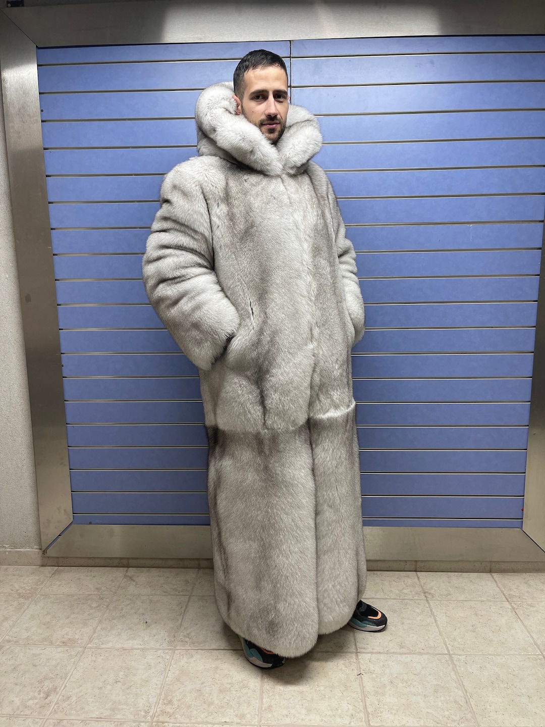 Luxury Full Skin Double Sided Blue Fox Fur Mens Coat Real Fur