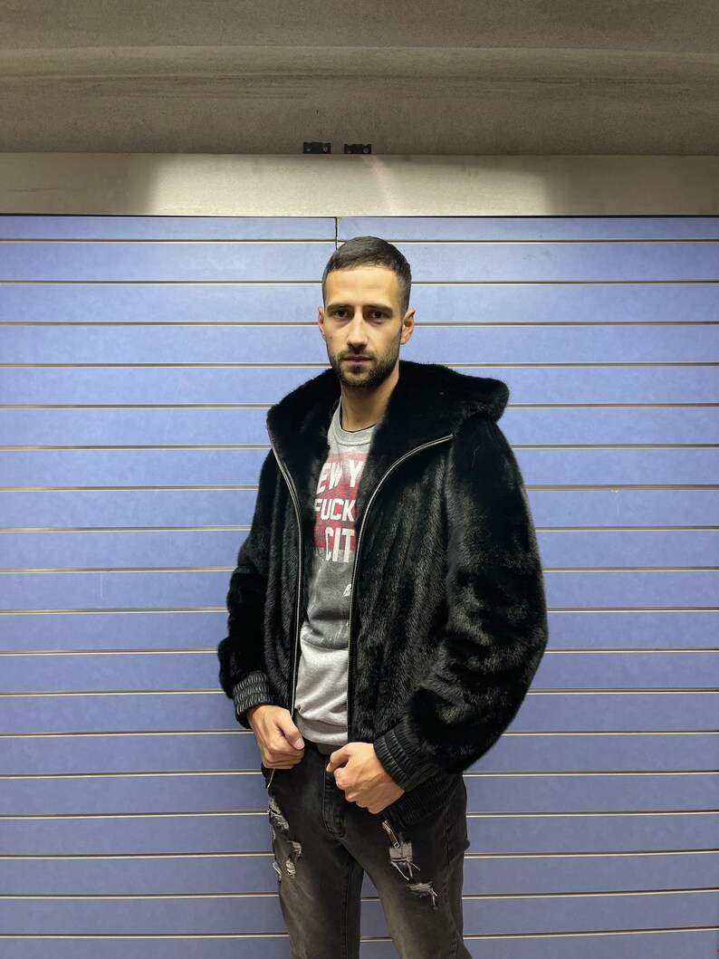 Luxury Full Skin Black Mink Bomber Fur Mens Real Fur Jacket Full Skin Mink Fur image 9