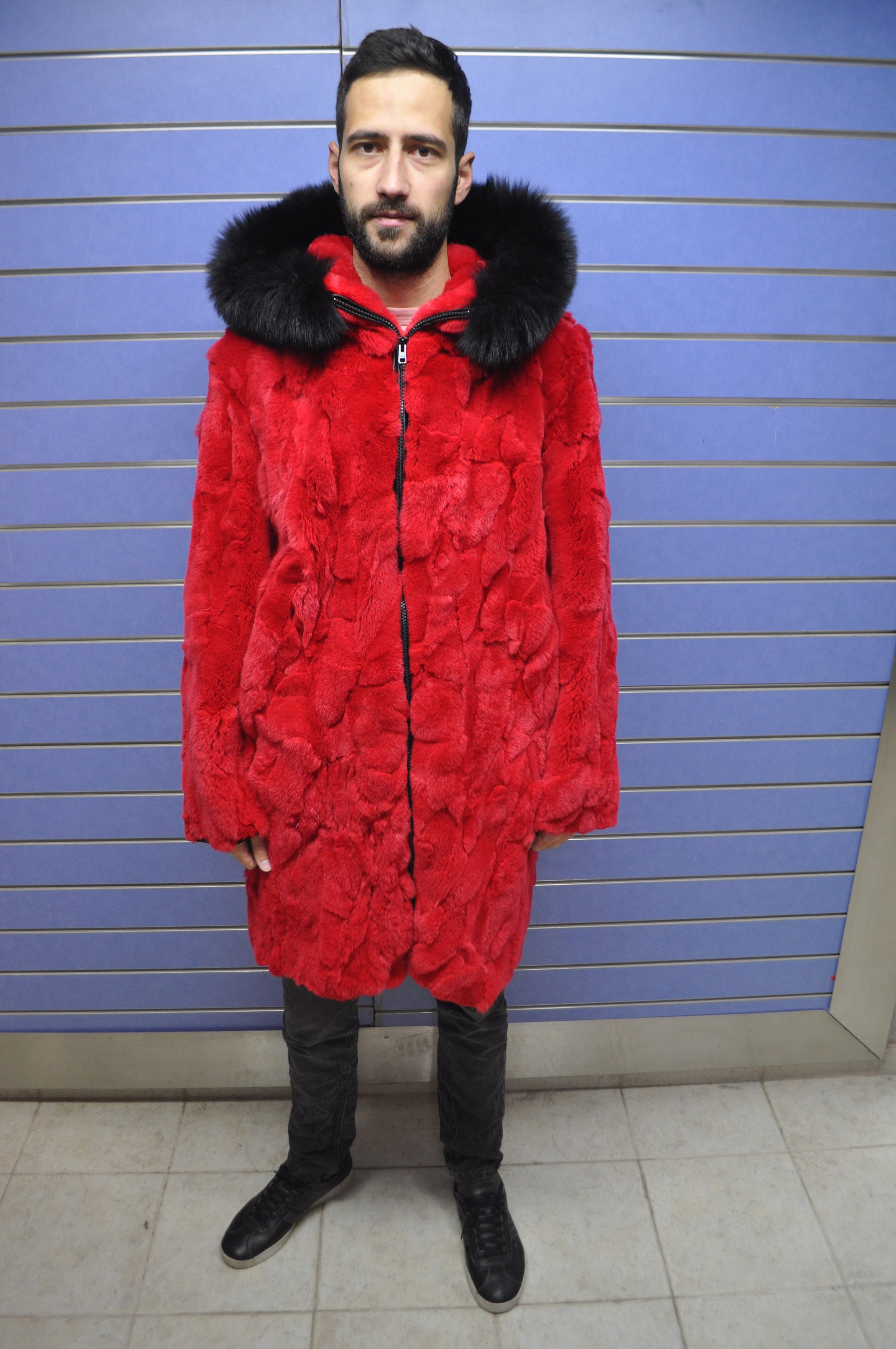 Luxury Rex Rabbit Fur Mens Coat Real Fur Red Coat With Hood and