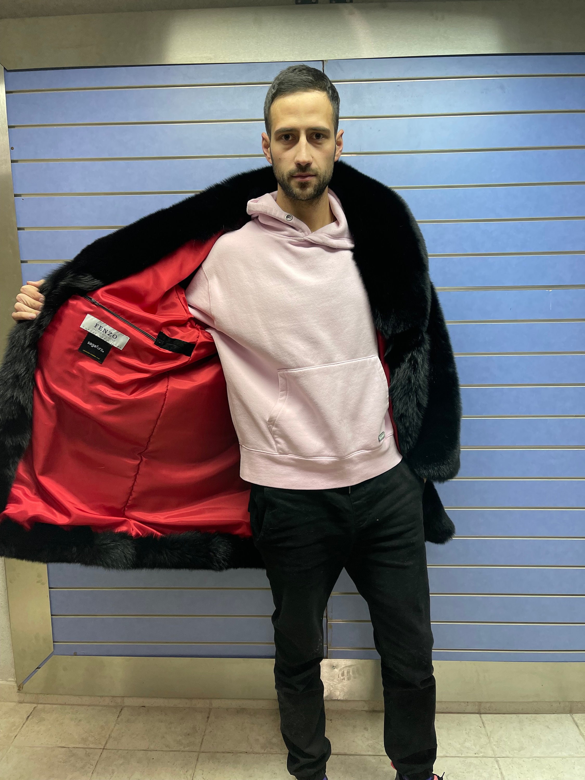 高級フルスキンブラックフォックスファーメンズコート リアルファー