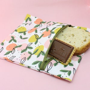 Pochette à goûter, sachet à encas, enfant ou adulte, zéro déchet, lavable, motif mandarines bio
