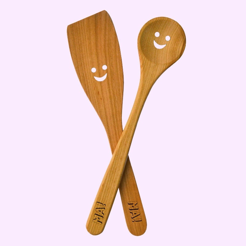 Cuillère et Spatule Souriantes en Bois de Cerisier