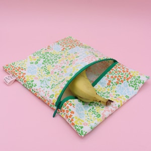 Pochette à goûter, sachet à encas, enfant ou adulte, zéro déchet, lavable, prairie