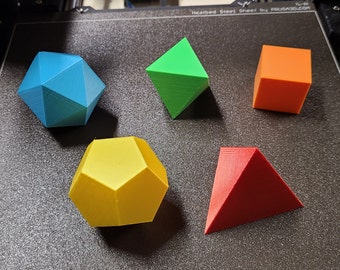 Small 3D Printed Platonic Solids - Tetrahedron, Cube, Dodecahedron, Icosahedron, Octahedron