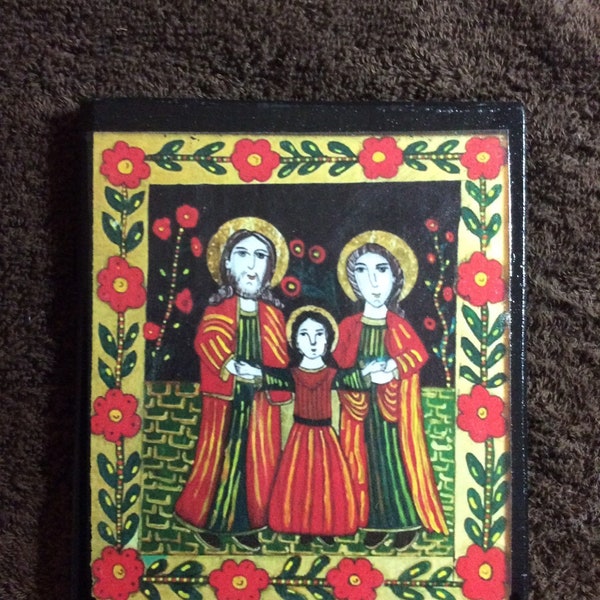 Holy family vintage print on wood