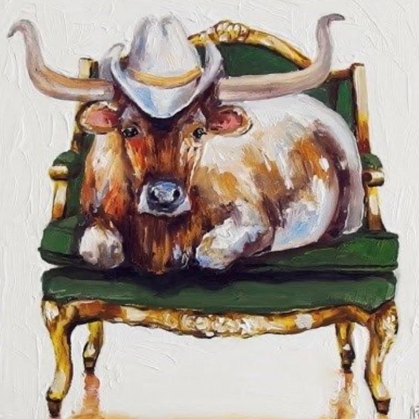 Cow relaxing on a Couch- vintage print on wood 4.5” x 4.5” …….,or ……3” x 3”