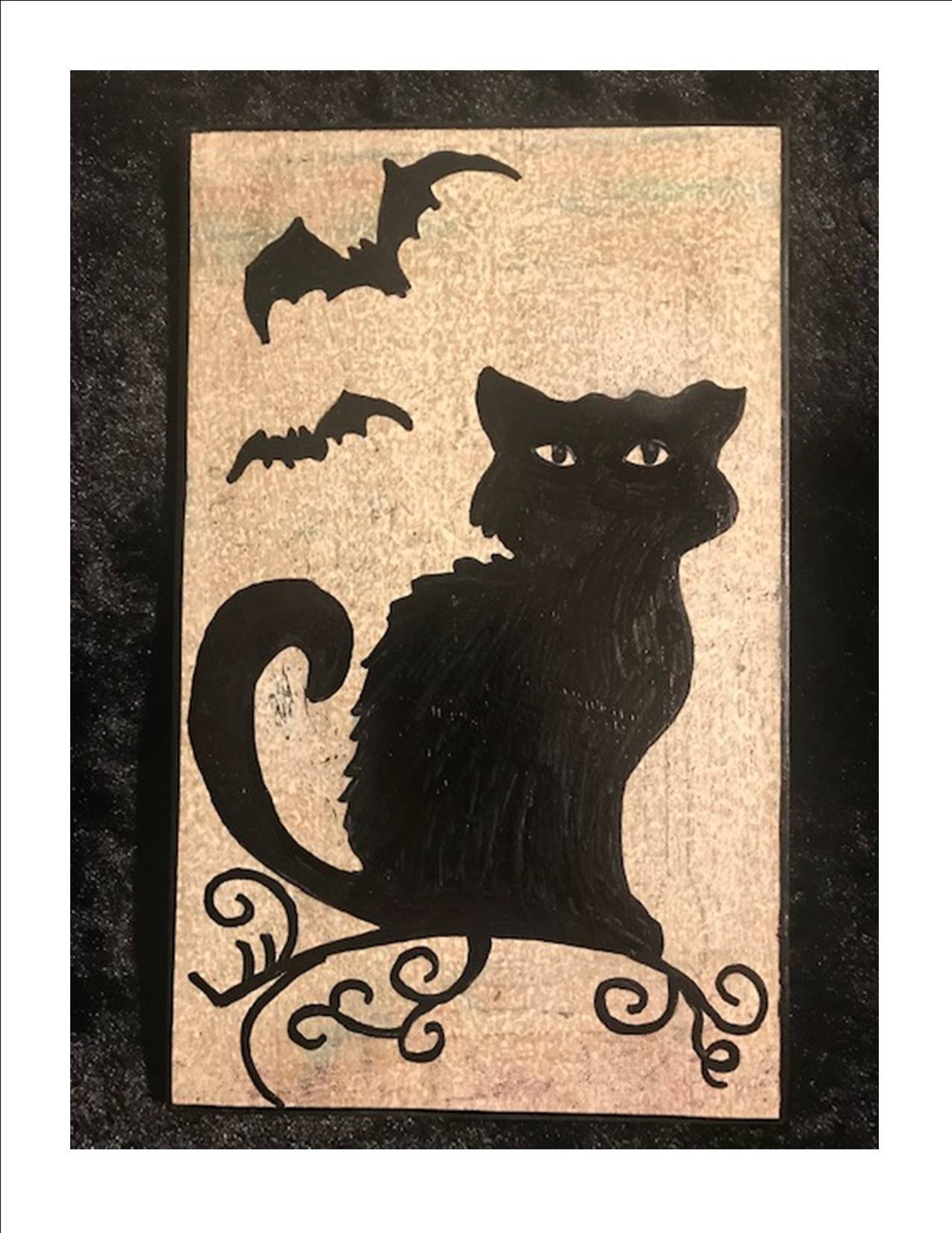 Black Cat  at Halloween Acrylic paint  on wood hand painted 