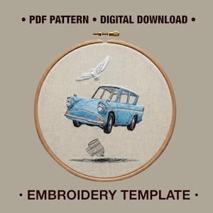 May include: A circular wooden embroidery hoop containing a fabric panel with a stitched design of a light blue car, a white owl flying above, and a small cage below. The text PDF PATTERN DIGITAL DOWNLOAD EMBROIDERY TEMPLATE is visible.