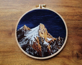 Modern Embroidery Panel with Mountain View, landscape embroidery hoop art, special gift, finished embroidery hoop art