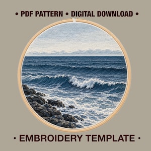 May include: A circular wooden embroidery hoop framing a detailed fabric stitch design of a dark blue ocean with white-capped waves crashing against a rocky shoreline under a pale sky. The text reads PDF PATTERN DIGITAL DOWNLOAD EMBROIDERY TEMPLATE.