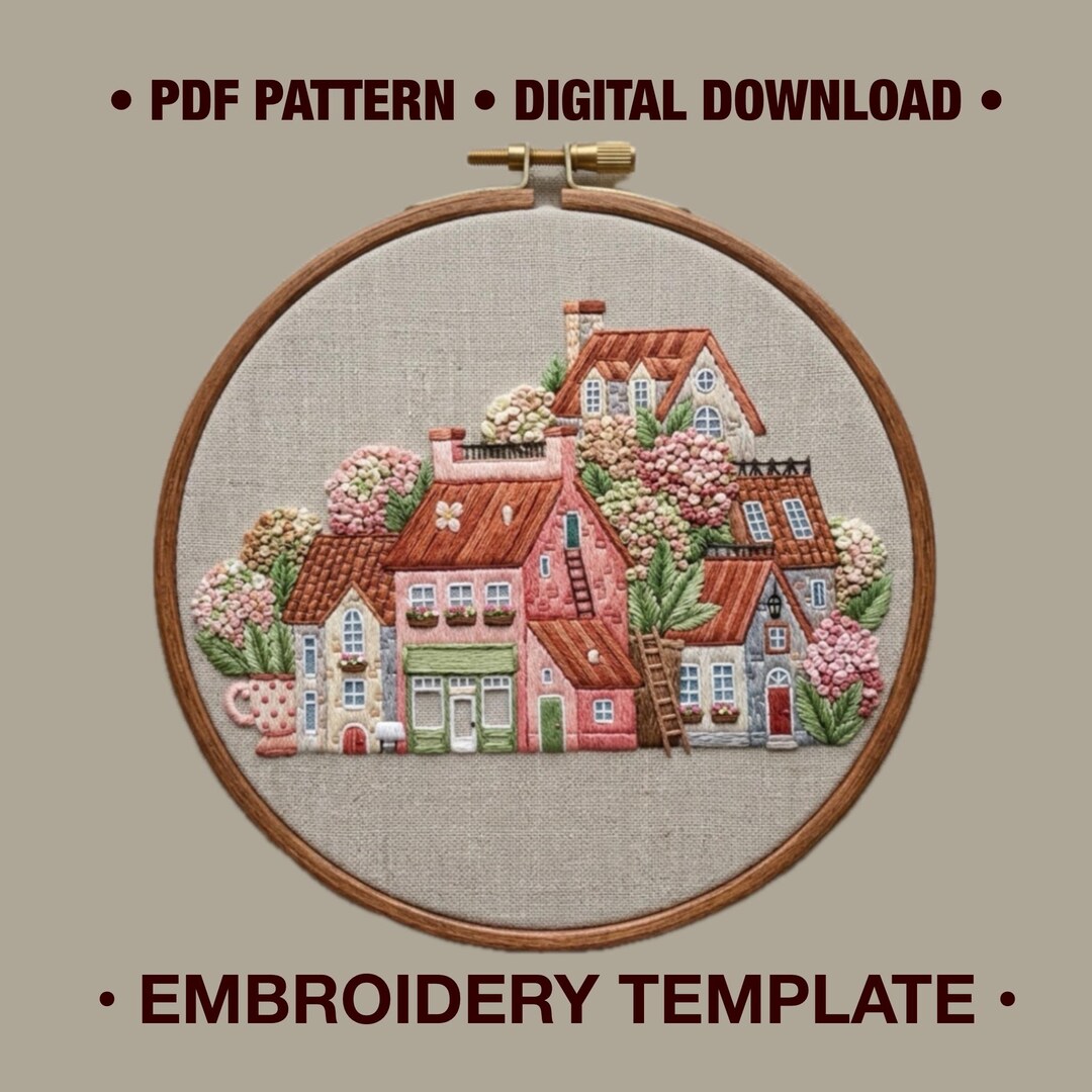Townhouse Pattern Architectural Embroidery Pattern, Floral Townhouses Hoop Art Template ...