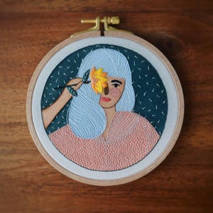 Woman&#39;s Portrait Embroidery on Watercolor, gift for girl
