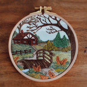 Hand Embroidered Landscape Hoop Art: Unique Nature Wall Decor