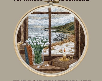 Window View Embroidery Pattern | Snowdrop Coastal Landscape Needle Painting (Digital Download)