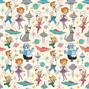 May include: A repeating pattern featuring cartoon characters from The Jetsons, including George, Jane, Judy, Elroy, Astro, and Rosie the robot, interspersed with flying saucers, planets, and starburst shapes on a cream-colored background.