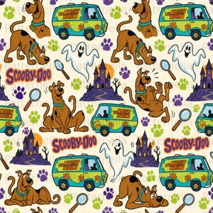 May include: A repeating pattern on a cream background featuring Scooby-Doo characters, the Mystery Machine van, white ghosts, purple haunted castles, magnifying glasses, purple paw prints, green paw prints, and the Scooby-Doo logo.