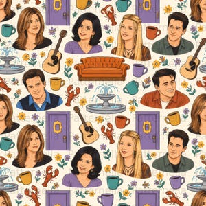 May include: A repeating pattern featuring illustrations of six people, an orange sofa, a fountain, a guitar, a purple door with a yellow frame, a lobster, and various colored coffee mugs and small flowers on a light cream background.