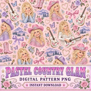 Könnte beinhalten: Ein digitales Muster mit einem sich wiederholenden Motiv einer blonden Country-Sängerin, Akustikgitarren mit Blumenakzenten, rosa Cowboystiefeln, Schmetterlingen, Schleifen, Herzen und Berglandschaften auf einem zartrosa Hintergrund mit Text.