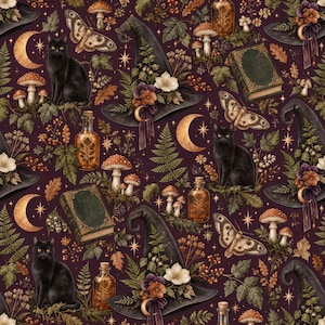 Nahtloses Hexenmuster-Digitalpapier, Dunkler Cottagecore mit schwarzer Katze, Verspieltes Halloween-Motiv (Digitaler Download)