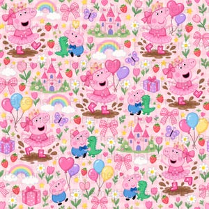 May include: A repeating pattern on a light pink background featuring Peppa Pig characters in pink dresses and crowns, blue outfits, pink castles, rainbows, strawberries, flowers, butterflies, pink bows, gift boxes, and colorful balloons.