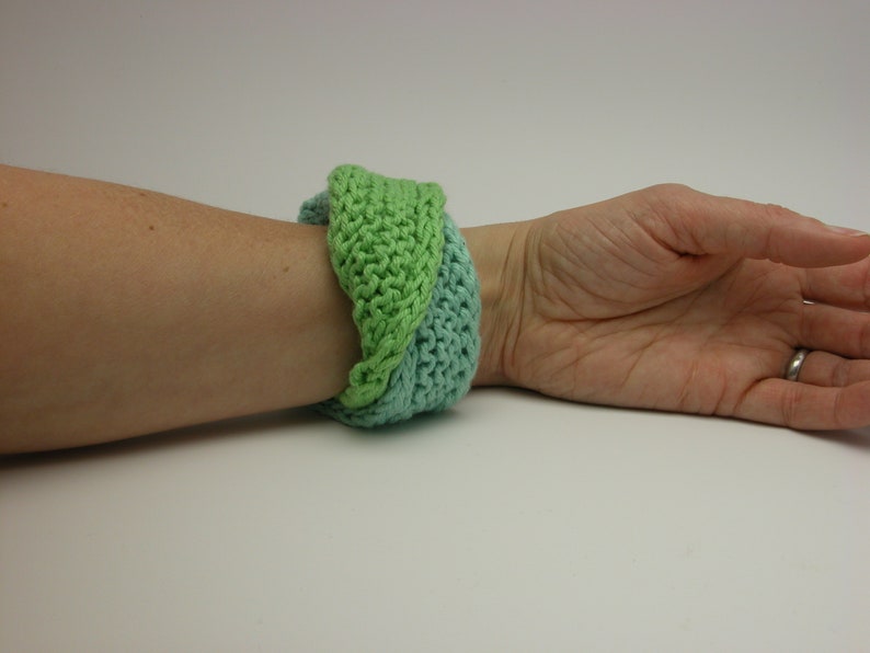 Double Mobius Bracelet Hand Knit in Bright Aqua & Vibrant Mint Green Cotton image 2