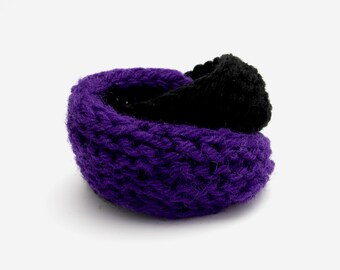 Double Mobius Bracelet Hand Knit in Purple & Black Wool