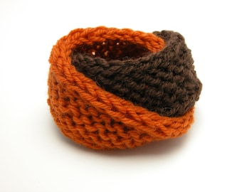 Double Mobius Bracelet in Pumpkin & Brown Wool