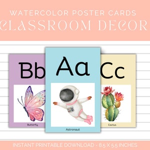 Watercolor Alphabet Poster Cards, Classroom Decor, Aesthetic Teacher Decor, Letter Recognition Cards, Pastel Class Decor