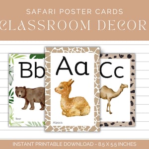 Cartões de pôster do alfabeto Safari, decoração de sala de aula, decoração estética de professores, cartões do alfabeto Safari, cartões de reconhecimento de letras, decoração de classe Safari