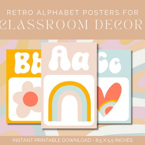 Cartoline con poster dell'alfabeto retrò, Arredamento della classe, Arredamento dell'insegnante estetico, Carte dell'alfabeto Boho, Carte di riconoscimento delle lettere, Arredamento della classe retrò