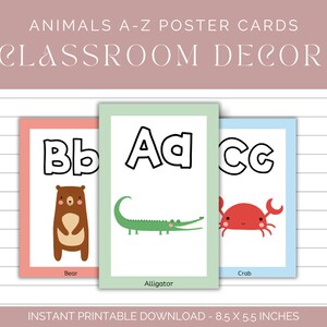 Animals A-Z Alphabet Poster Cards, Classroom Decor, Aesthetic Teacher Decor, Alphabet Cards, Letter Recognition Cards, Animals Class Decor