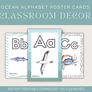 Cartoline con poster dell'alfabeto oceanico, arredamento dell'aula, arredamento dell'insegnante di estetica, carte dell'alfabeto, carte di riconoscimento delle lettere, decorazioni della classe nautica