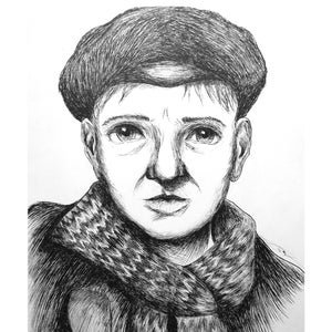 Puede incluir: Un dibujo en blanco y negro a pluma y tinta de una persona que lleva una boina y una bufanda. La persona tiene una expresión seria en su rostro.