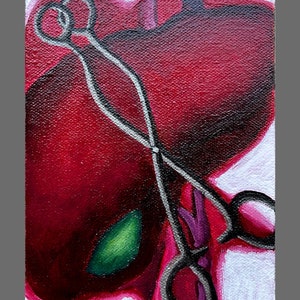 May include: An abstract painting featuring a deep red, heart-shaped form with a green accent. Silver-lined surgical scissors are positioned across the heart. The artwork has a textured appearance and is set against a white background.