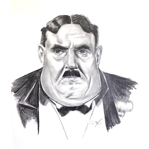 May include: A black and white pencil drawing of a man with a moustache and a bow tie. The man is wearing a suit jacket and has a serious expression on his face.