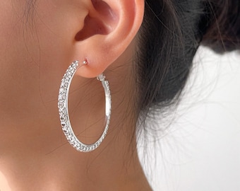 Gift for Teenager Bridesmaid Earrings Clear Rhinestone Hoops Weekday Bling Pierced Silver Hoop Earrings