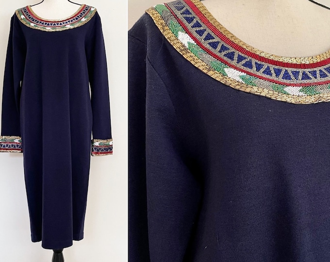 Vintage 1980s | Wool Beaded Midi Dress