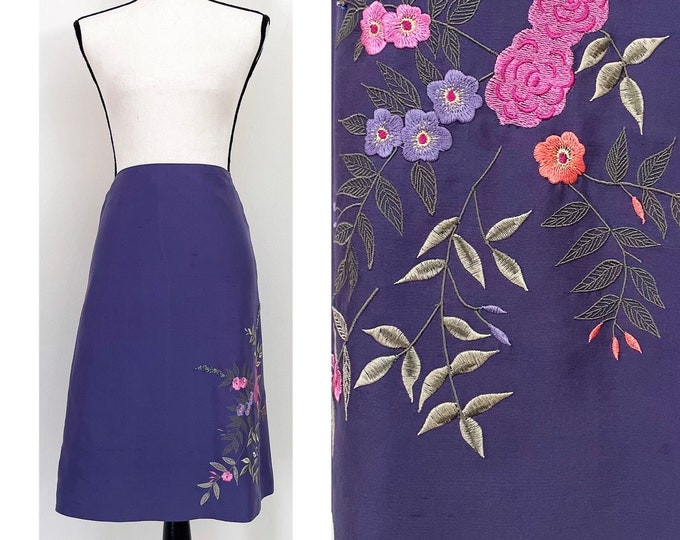 Vintage Y2K | Silk Floral Embroidered & Beaded A-Line Skirt
