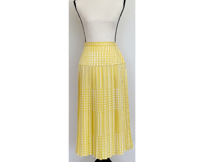 Vintage 1980s | Yellow and White Patterned Pleated Midi Skirt