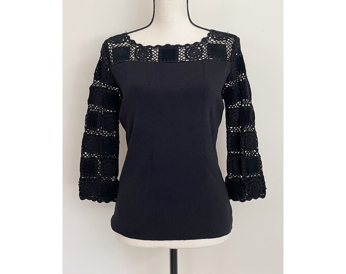 Vintage 1990s | Crochet & Suede Patchwork Sweater