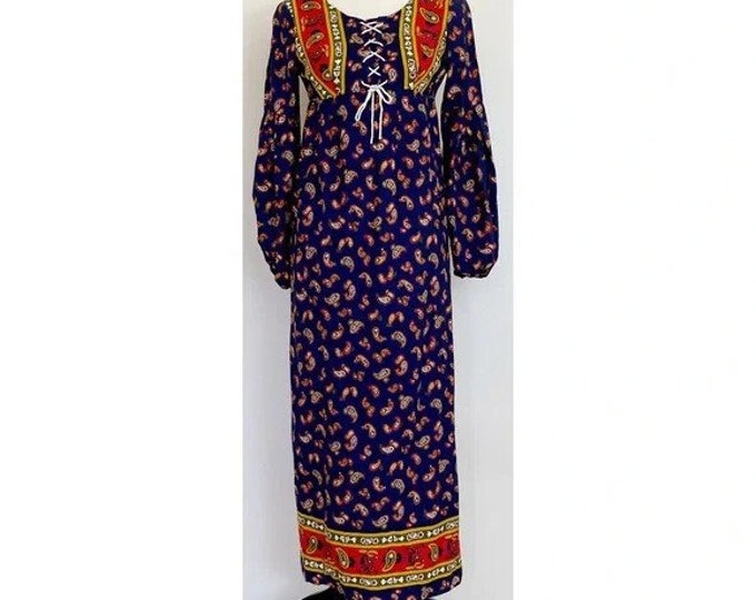 Vintage 1970s | Paisley Corset Empire Waist Maxi Dress