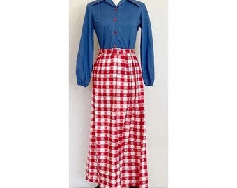 Vintage 1970s / Maxi vestido camisero a cuadros vichy
