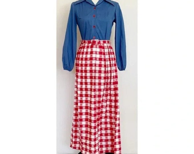 Vintage 1970s | Gingham Plaid Maxi Shirt Dress