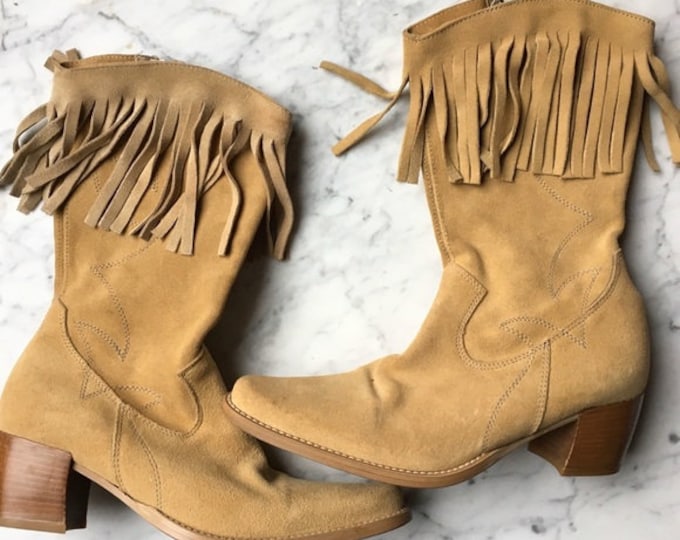 Vintage 1990s | Suede Western-Style Fringe Heeled Boots