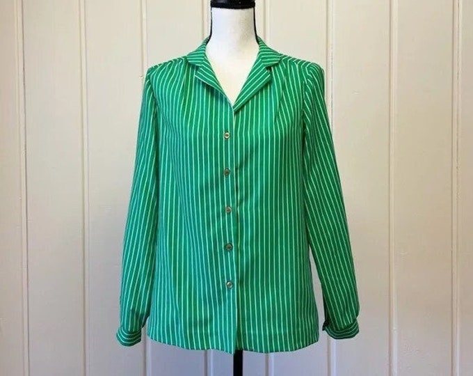 Vintage 1970s | Kelly Green Striped Button Down Blouse